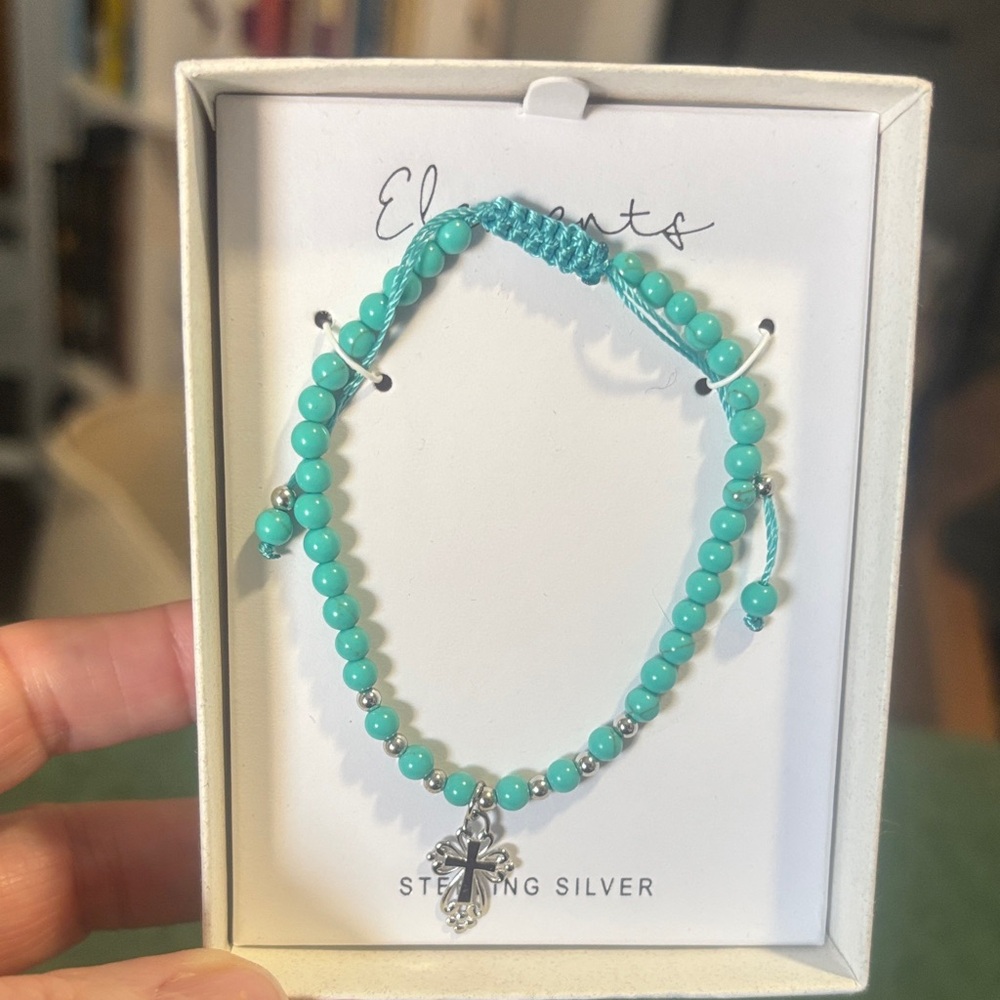 Element Aqua Beaded Bracelet with Silver Cross Charm
